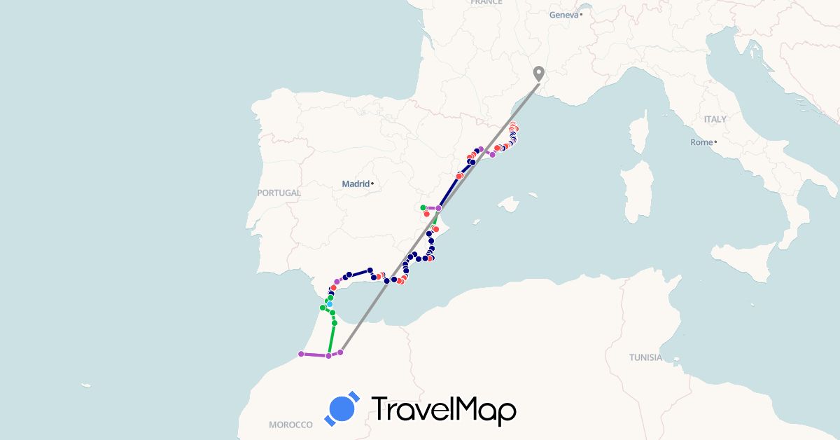 TravelMap itinerary: driving, bus, plane, train, hiking, boat in Spain, France, Morocco (Africa, Europe)